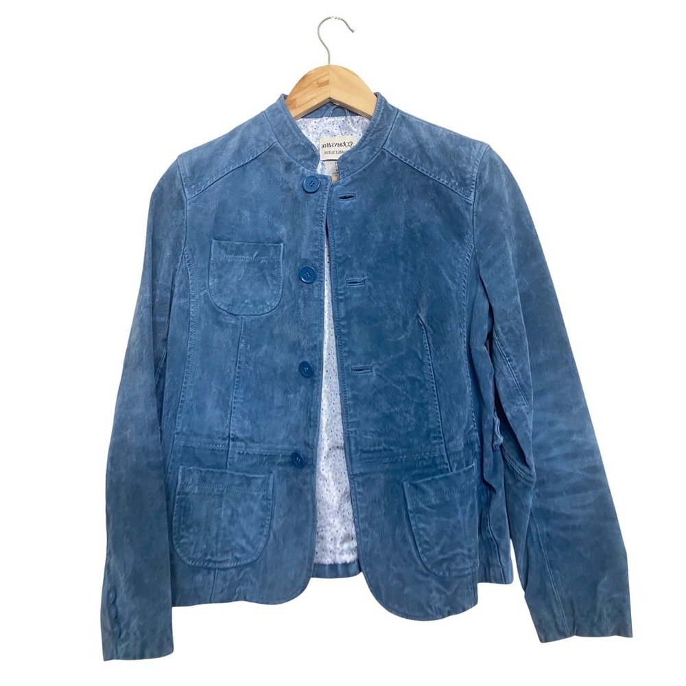 St Johns Bay Blue Washable Suede Leather Jacket Petite Small Mock Neck Button Up